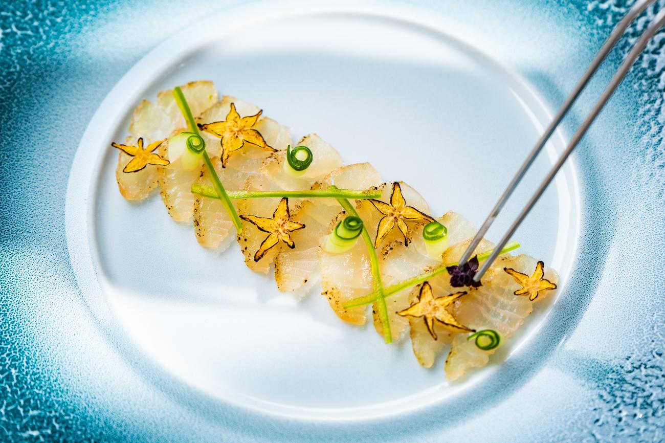 Fish crudo being plated with tweezers